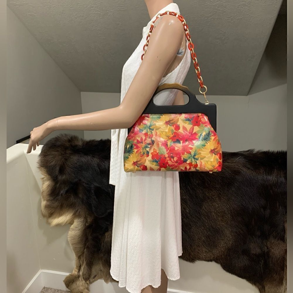 Handmade Genuine Leather Floral Print Large wooden Frame Bag & 2 Strap Styles